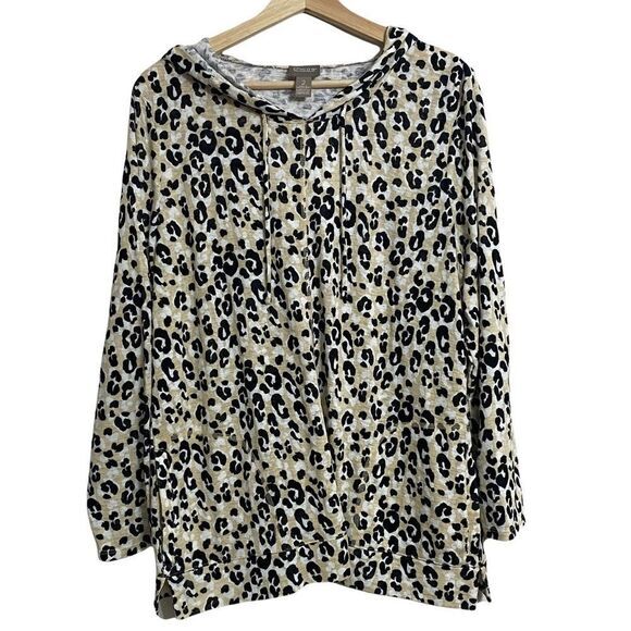Chico’s‎ Leopard Print hooded sweater shirt size 2 lightweight - Picture 1 of 5